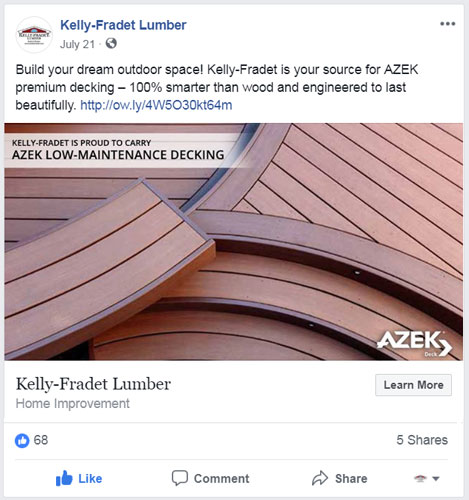 Image of a Kelly-Fradet Lumber Facebook post