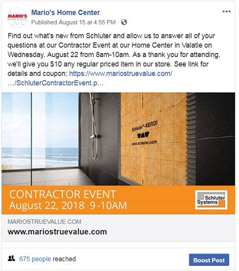 Image of a Mario's Home Center Facebook post